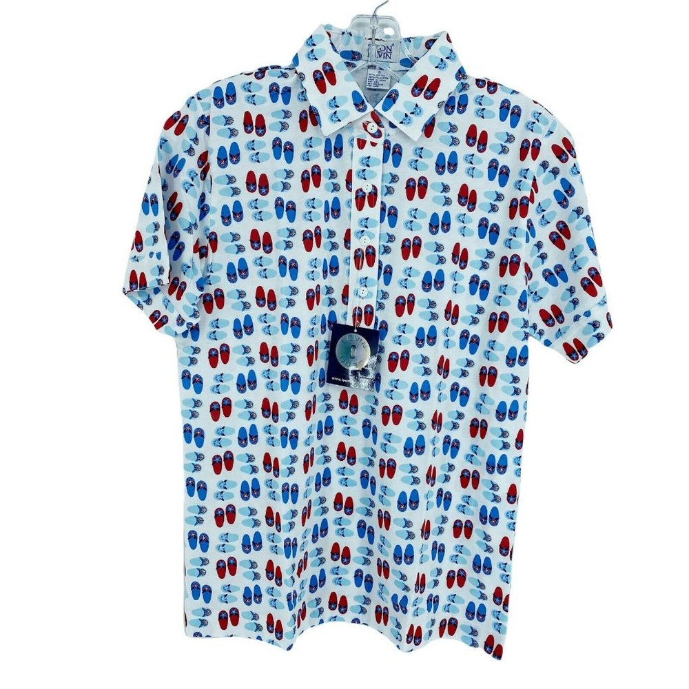 New Leon Levine Polo Womens Small Flip Flop Print Short Sleeve Blouse Go… - Picture 1 of 9